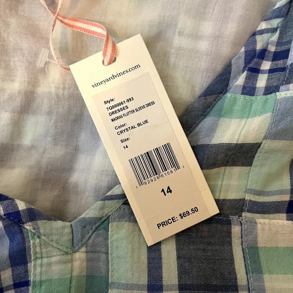 Vineyard Vines Girls Madras Flutter Sleeve Dress NEW Size 14 Blue